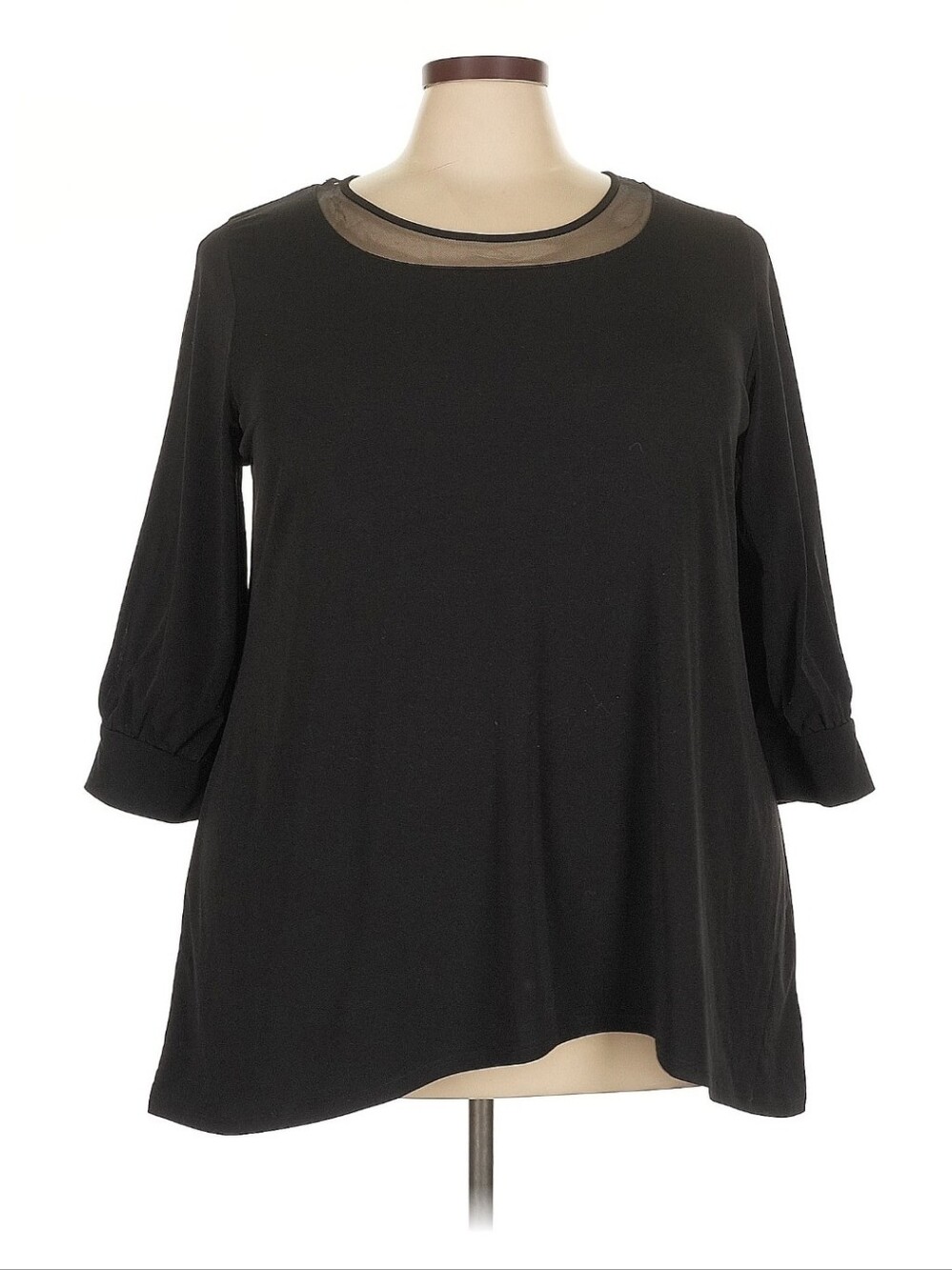 Black Long-Sleeve Scoop Neck Top with Sheer Yoke